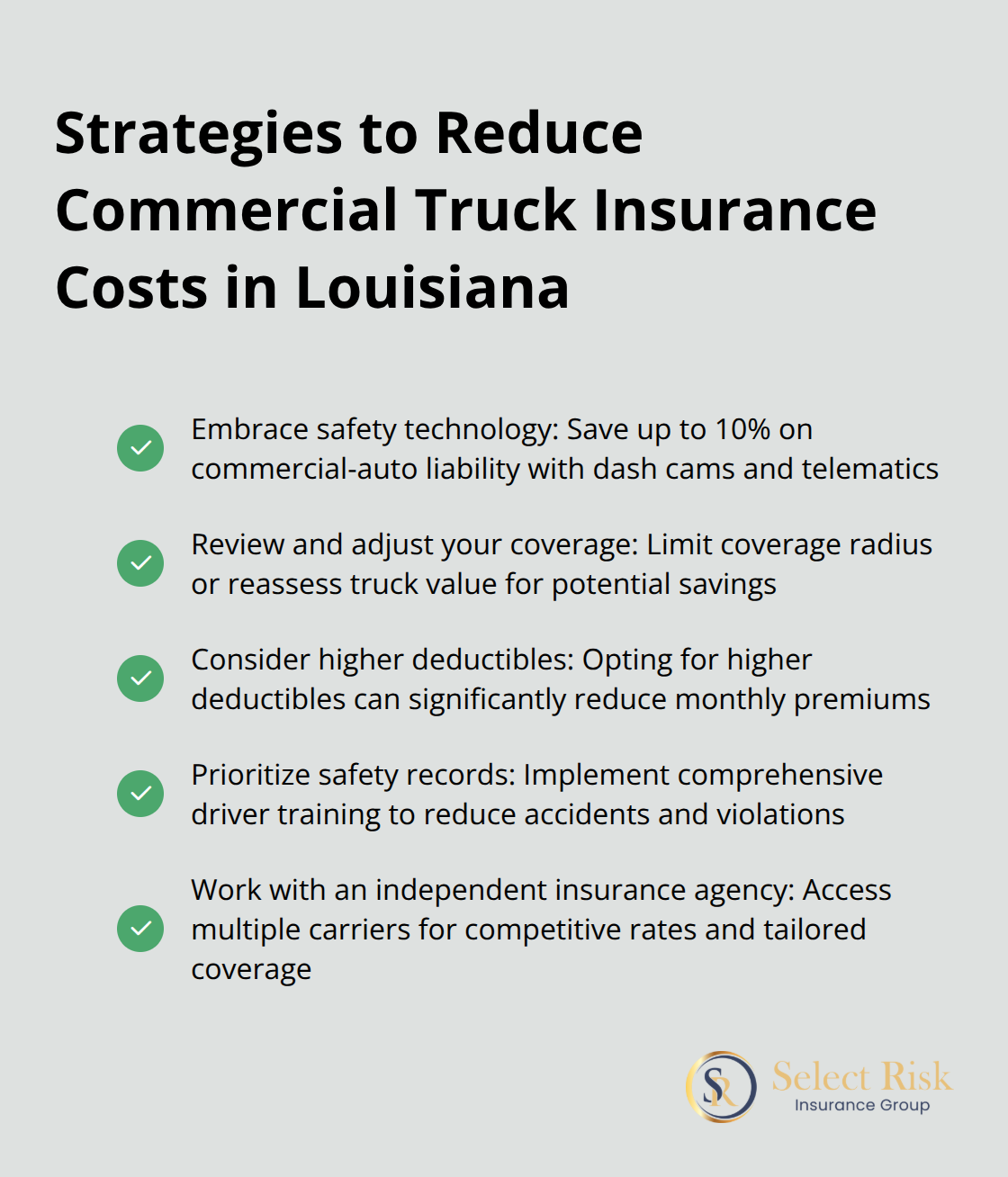 Checkmark list chart showing strategies for reducing commercial truck insurance costs in Louisiana, including embracing safety technology, reviewing coverage, considering higher deductibles, prioritizing safety records, and working with an independent insurance agency.