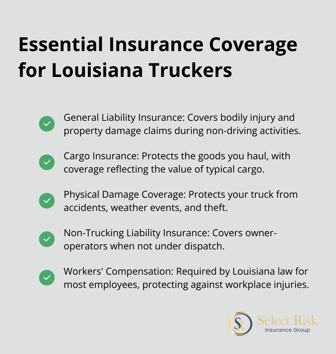 Checkmark list showing the key types of insurance coverage needed by truckers in Louisiana - Louisiana truckers