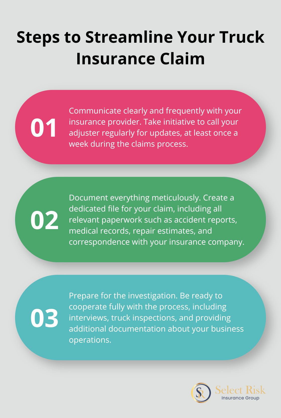 Ordered list chart showing three key steps to streamline truck insurance claims: Communicate clearly and frequently, Document everything meticulously, and Prepare for the investigation