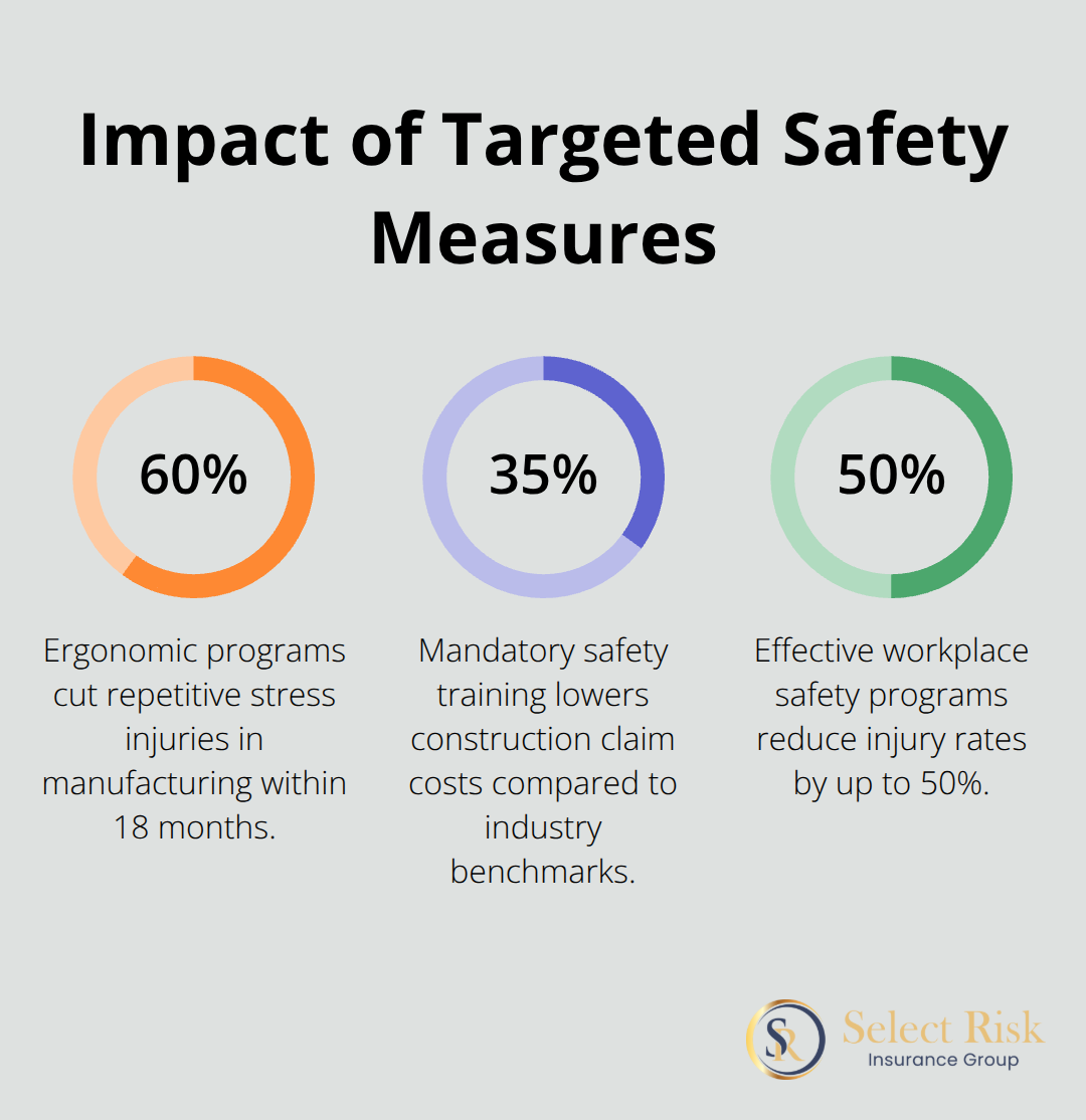 Percent reductions from specific safety initiatives in manufacturing, construction, and overall workplace injury rates.