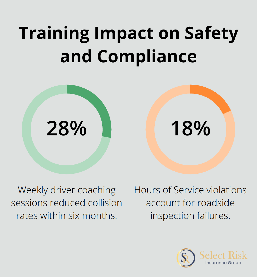Chart showing 28% collision reduction from weekly coaching and 18% of roadside inspection failures due to HOS violations