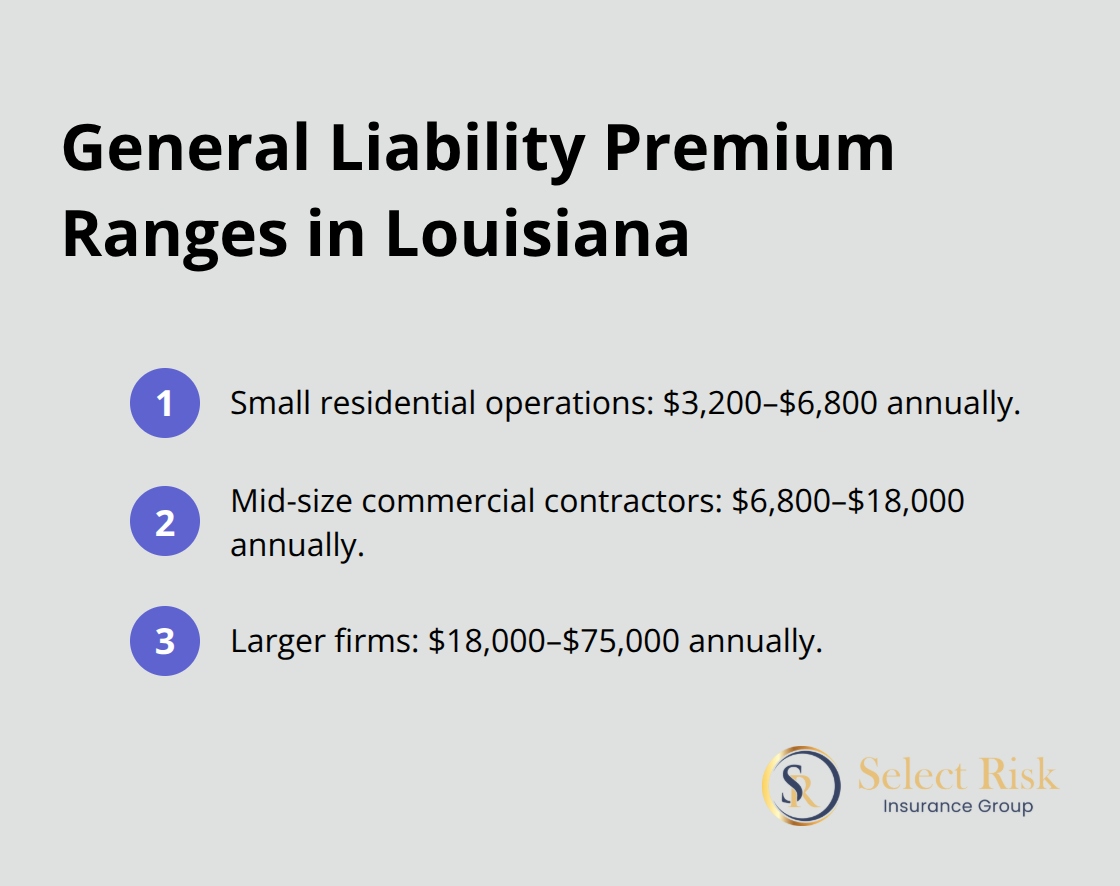 Premium range overview for GL insurance by roofing business size in Louisiana