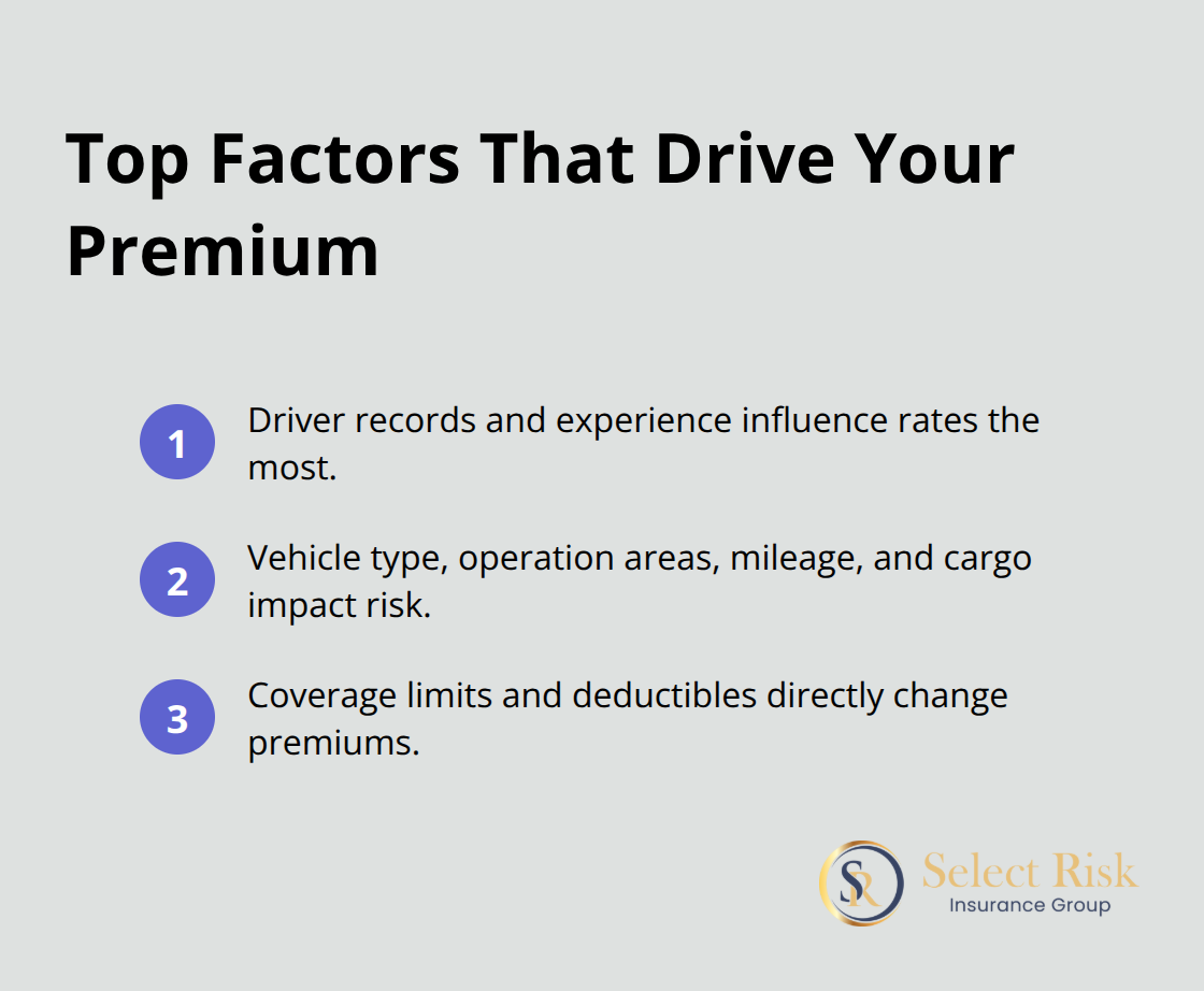 Compact list summarizing the three main factors insurers use to price commercial auto liability.