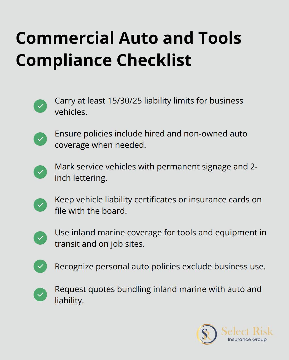 Checklist of Louisiana commercial auto requirements and mobile tools protection steps for plumbers.